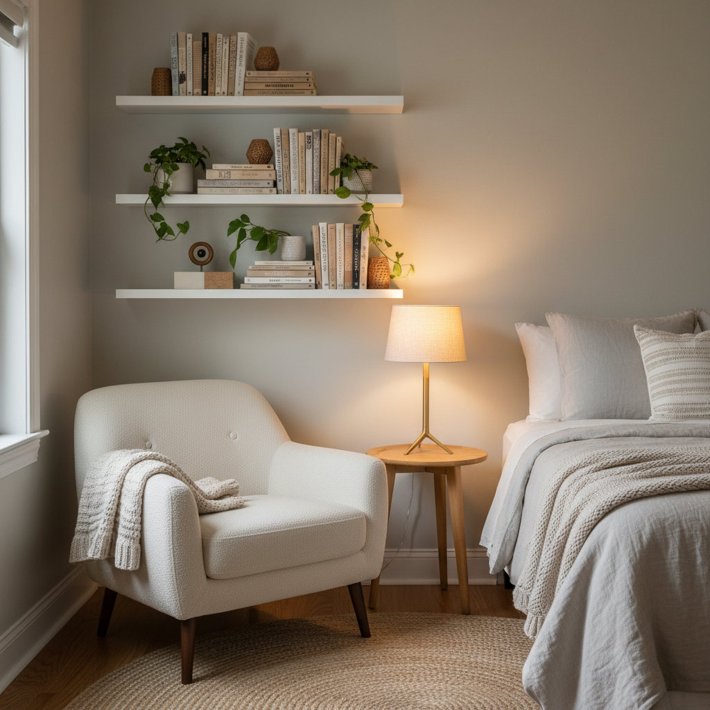 Small bedroom reading nook with accent chair, warm lamp, and wall-mounted shelves
