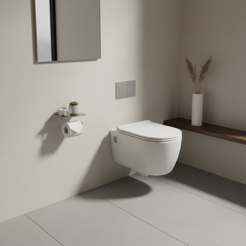 Modern bathroom with a wall mounted toilet paper holder with shelf next to a toilet