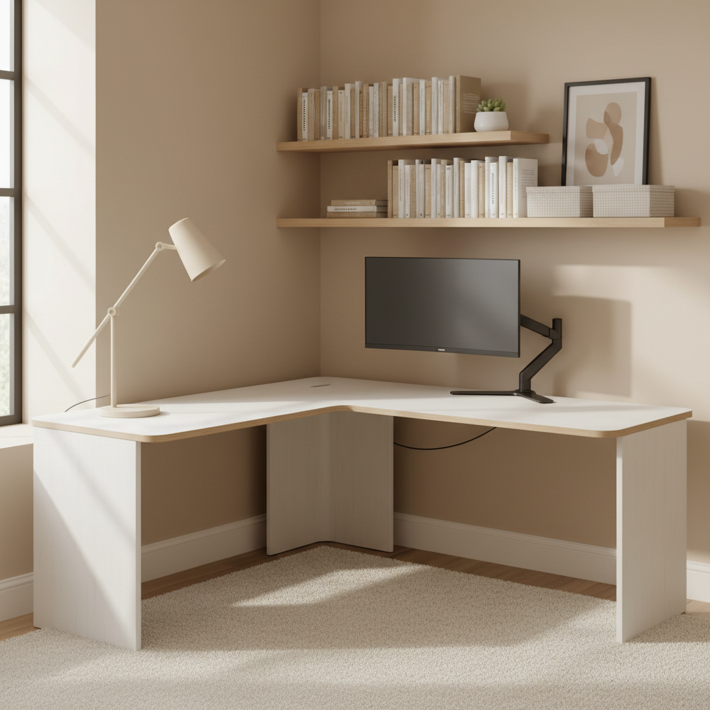 Corner desk layout showing monitor arm, lamp, and floating shelves