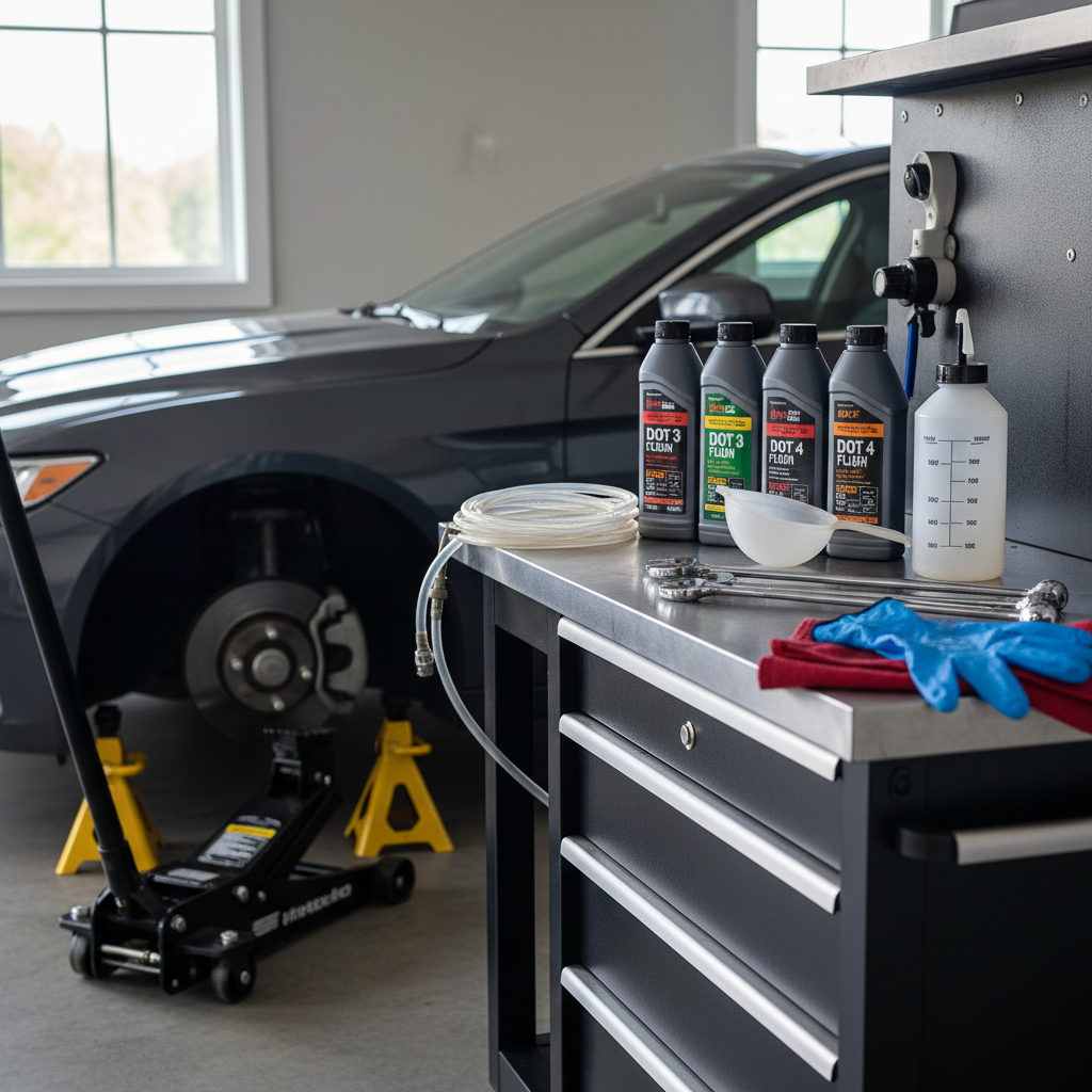 Brake fluid flush tools laid out next to a car in a home garage
