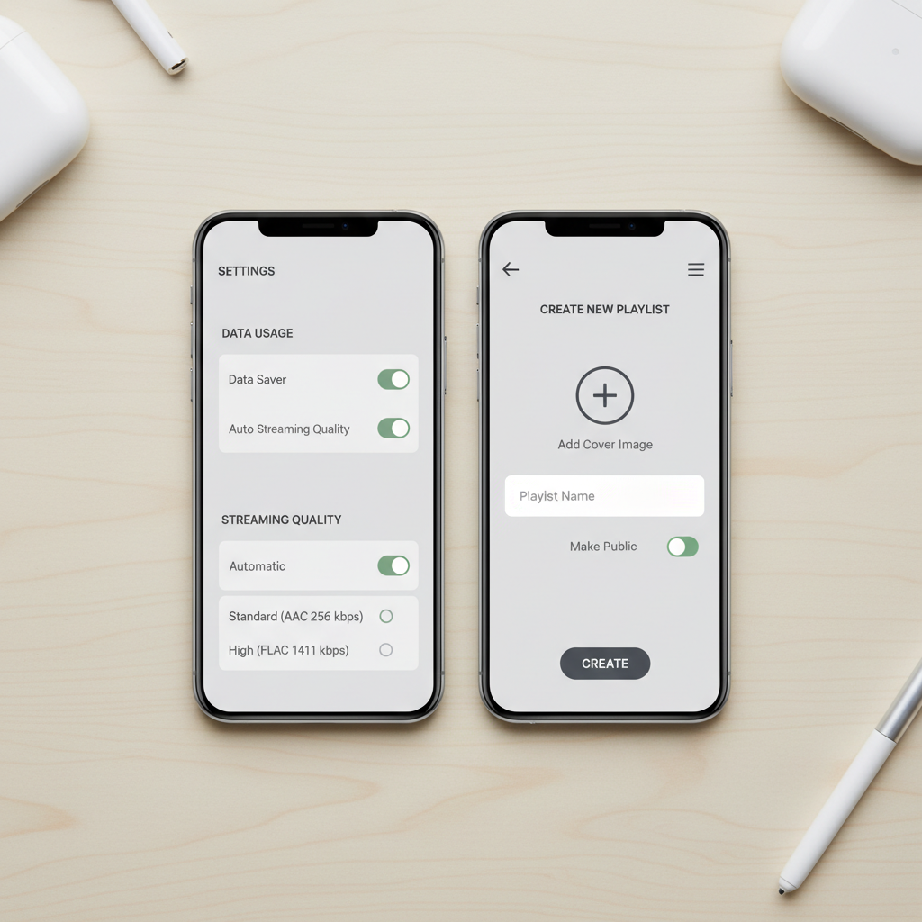 Setting up playlists and data settings in free music streaming apps
