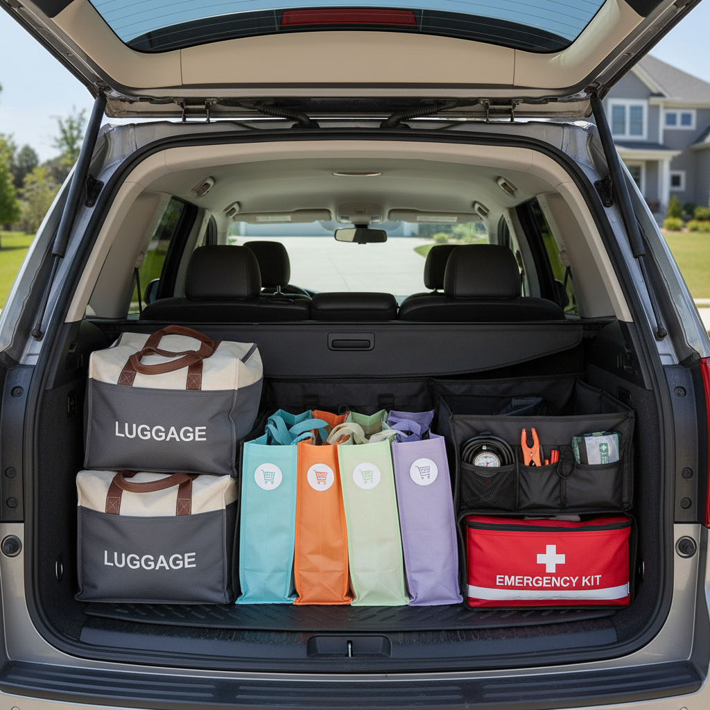 Neat car trunk organized with storage bags for luggage and groceries