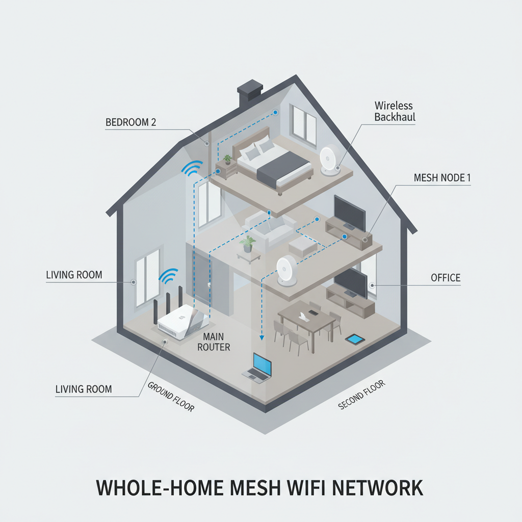 Mesh Wi-Fi nodes placement across two floors with wireless backhaul concept