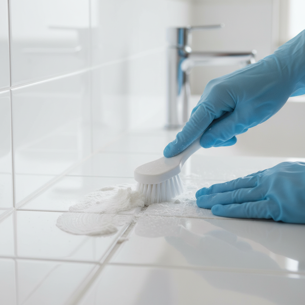 Close-up of scrubbing grout lines with a nylon brush and baking soda paste