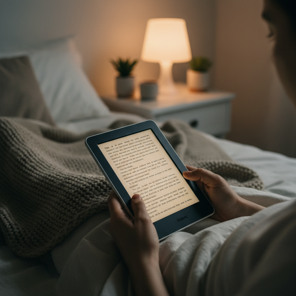 Person reading an e-ink device at night with warm front light