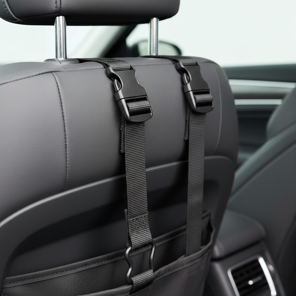Close-up of back-of-seat organizer straps buckled to headrest and seat for secure fit