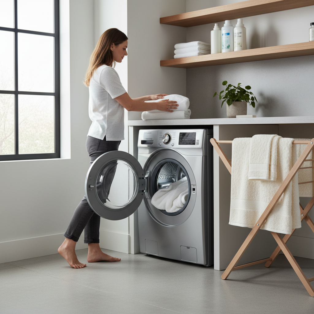 Laundry setup showing cotton towels being washed and air-dried properly