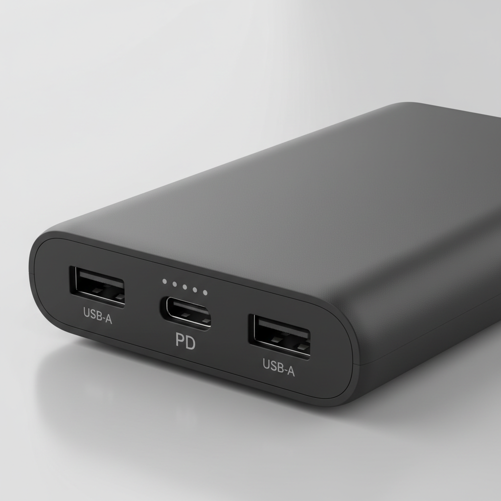 Close-up of portable charger ports showing USB-C PD and USB-A outputs