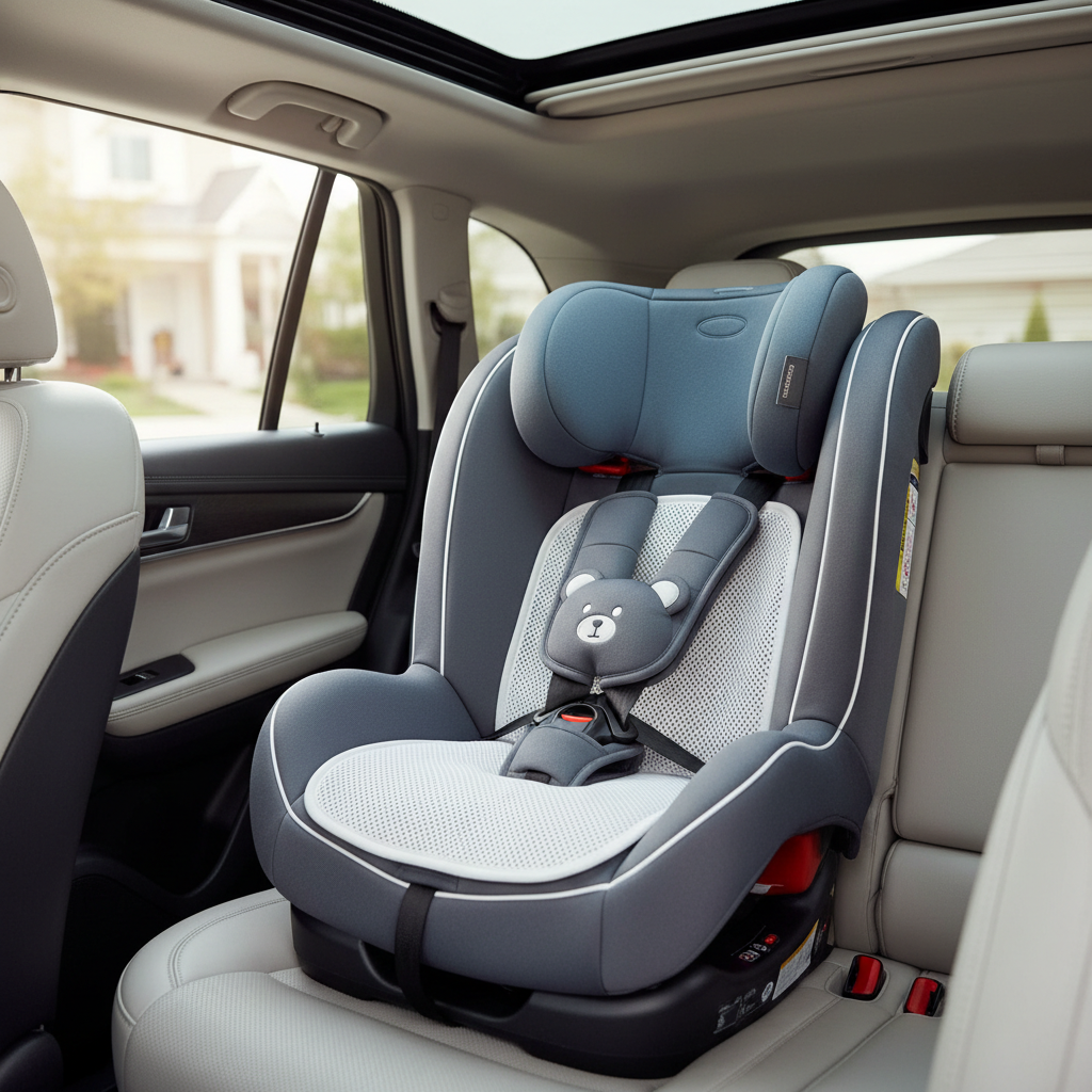 Child car seat with a thin breathable liner and secure harness fit