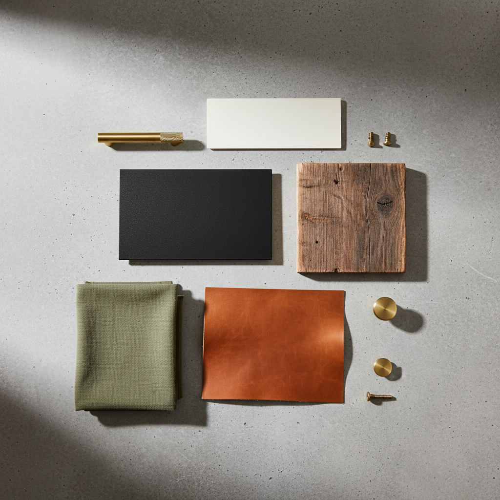 Industrial color palette for home office with metal, wood, leather, and warm neutrals