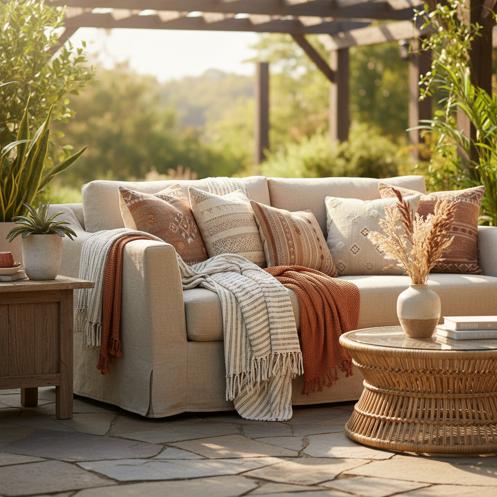 Bohemian style outdoor pillow covers styled on a patio sofa with layered textures