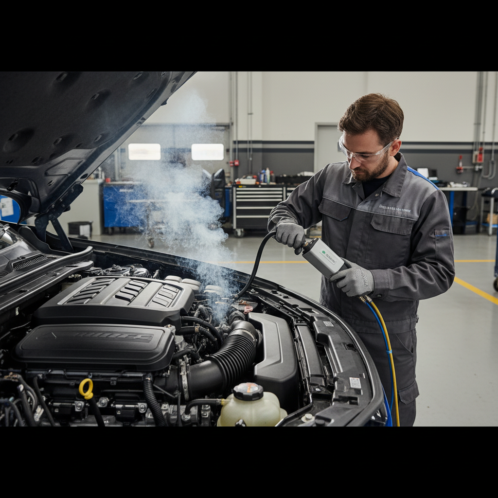 Technician performing a smoke test to find intake vacuum leaks causing misfire