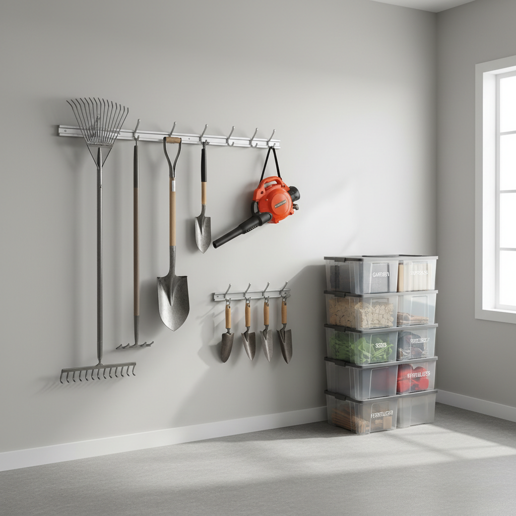 Wall-mounted hook system organizing common garden tools in a garage