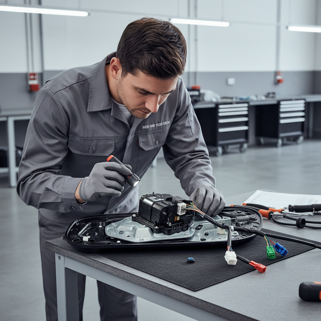 Technician inspecting car door lock actuator and wiring inside door panel