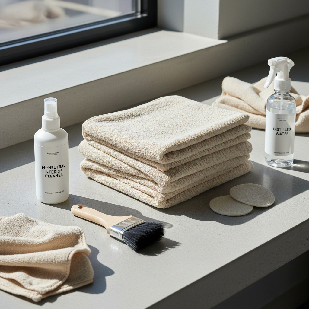 Car interior detailing supplies laid out: microfiber towels, interior cleaner, soft brush