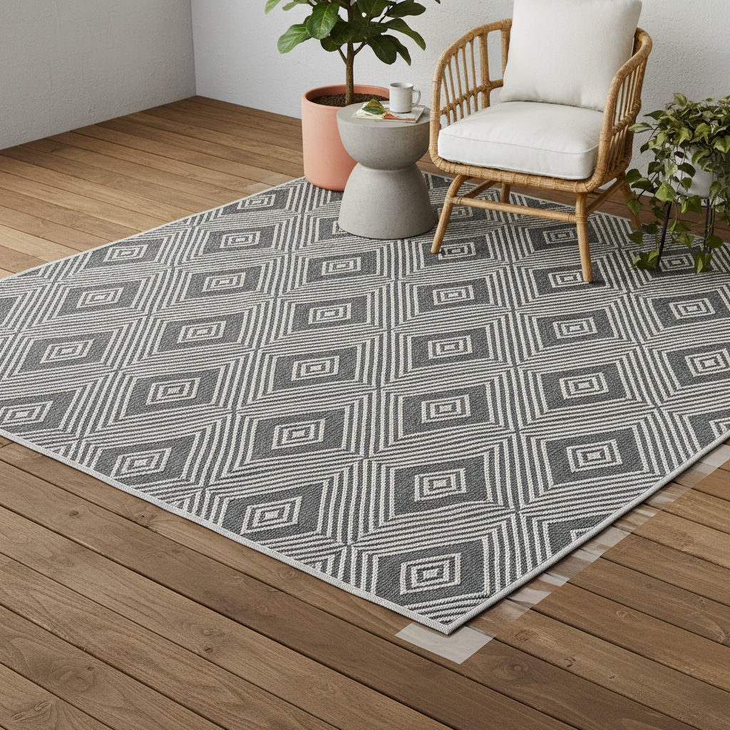 Outdoor rug on balcony with non-slip rug pad and taped corners lying flat