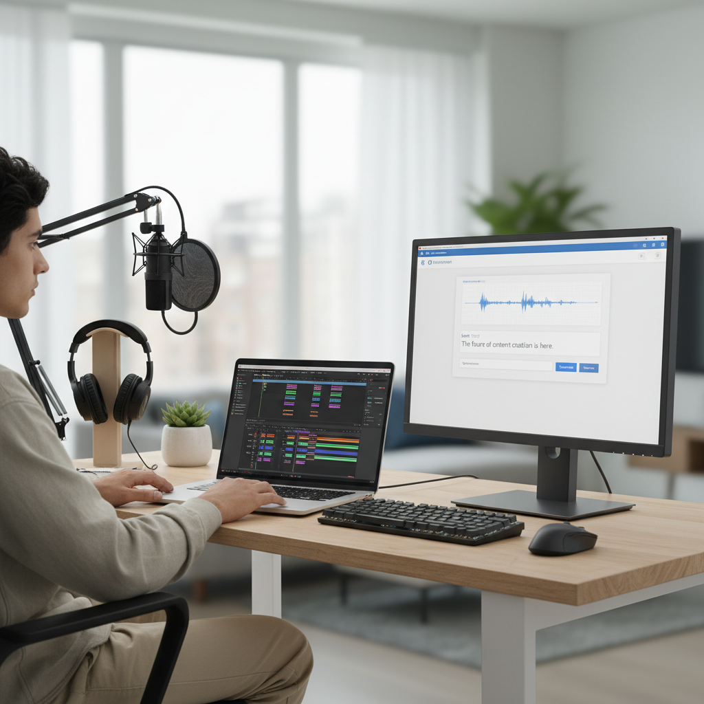 Creator editing a video timeline while generating AI voiceover on a laptop