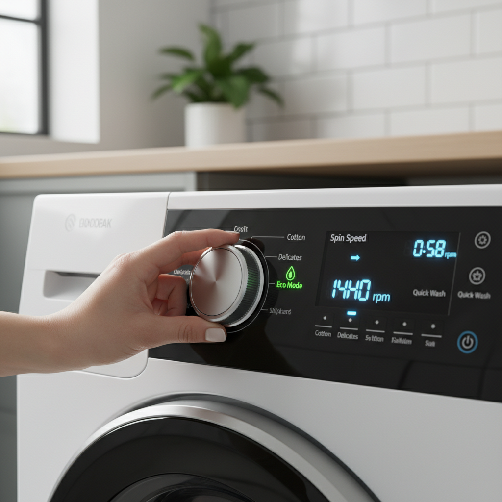 Washer settings for eco cycle and optimized spin speed to reduce water use