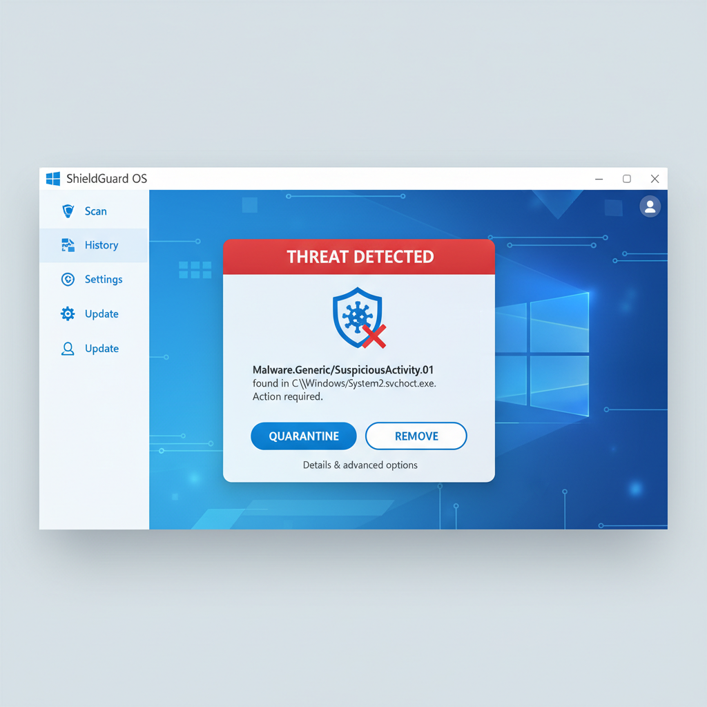Windows Security threat detected screen with quarantine action options