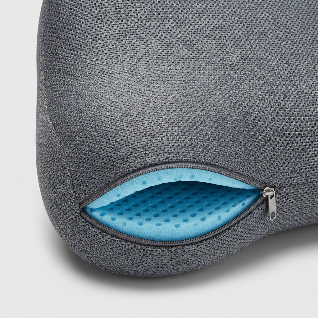 Close-up of breathable memory foam lumbar pillow cover and contoured foam