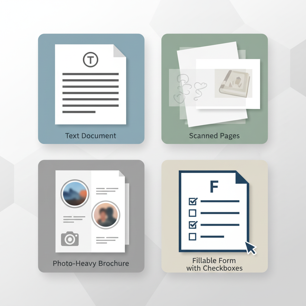 Different PDF types like text, scanned pages, photos, and forms shown as icons