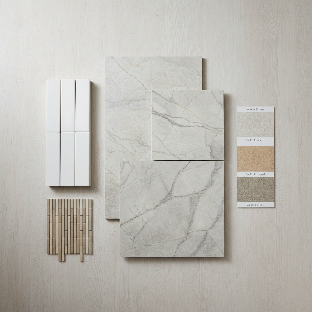 Tile comparison flat lay showing large-format porcelain, vertical stack subway, and textured mosaic options