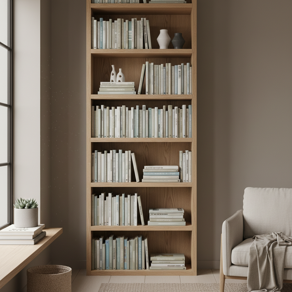 Vertical book storage for small space home library with tall narrow shelving