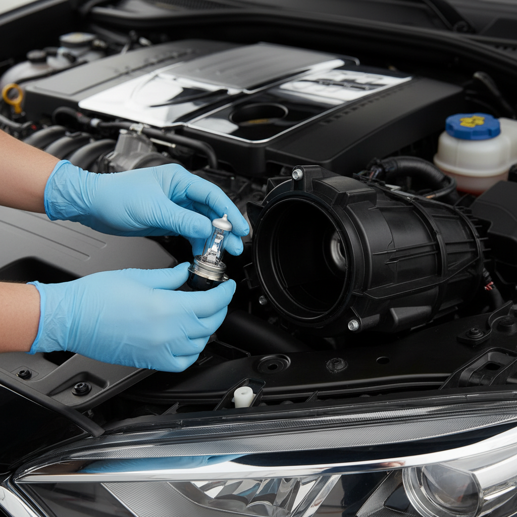 Close-up of hands wearing gloves handling a halogen headlight bulb near the headlamp housing