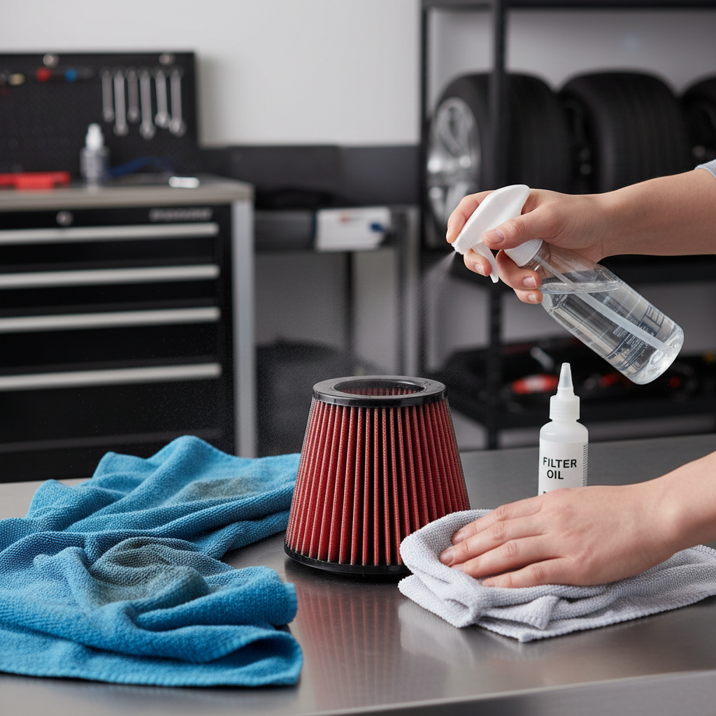 Cleaning and re-oiling a cone air filter with proper drying and light oil application