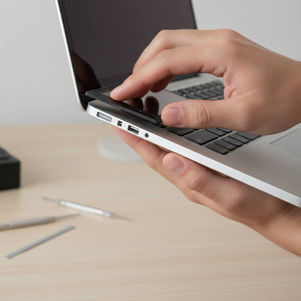 Technician hands checking laptop hinge play and bezel separation
