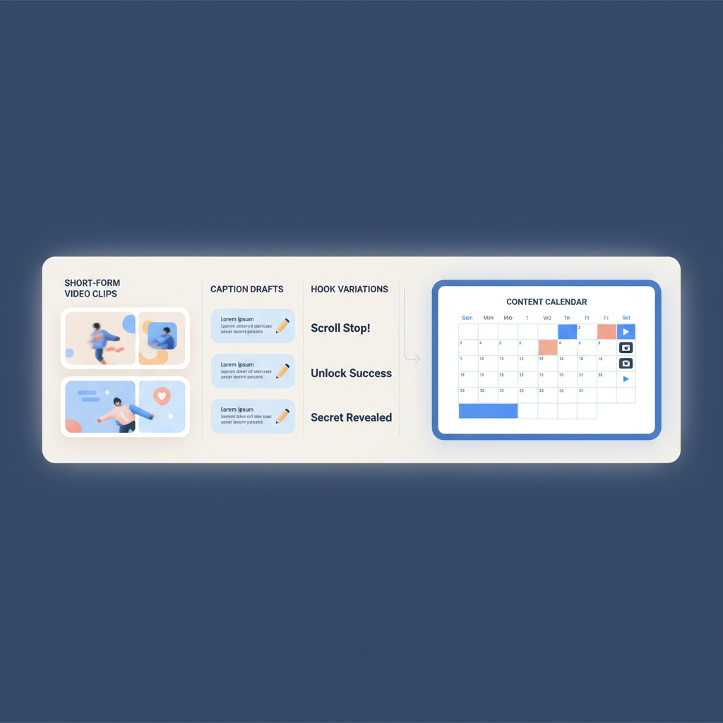 Social media content workflow with AI caption drafts and video clips