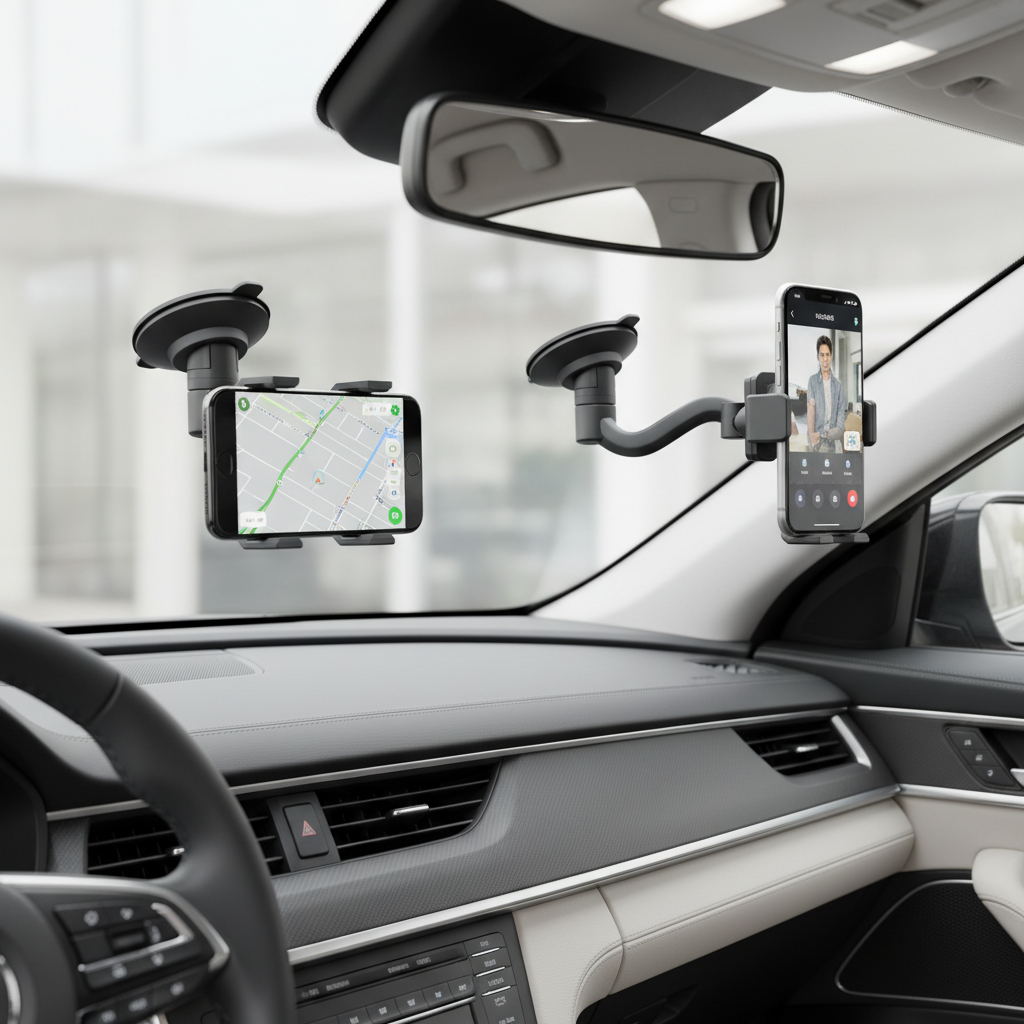 Comparison of suction cup phone mount arm lengths on a windshield