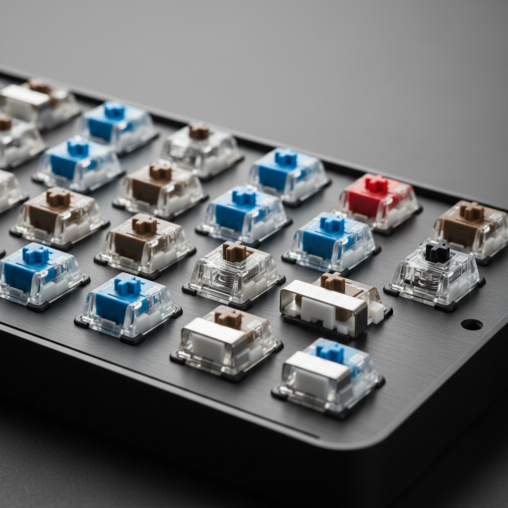 Close-up of mechanical keyboard switches and keycaps showing build quality details