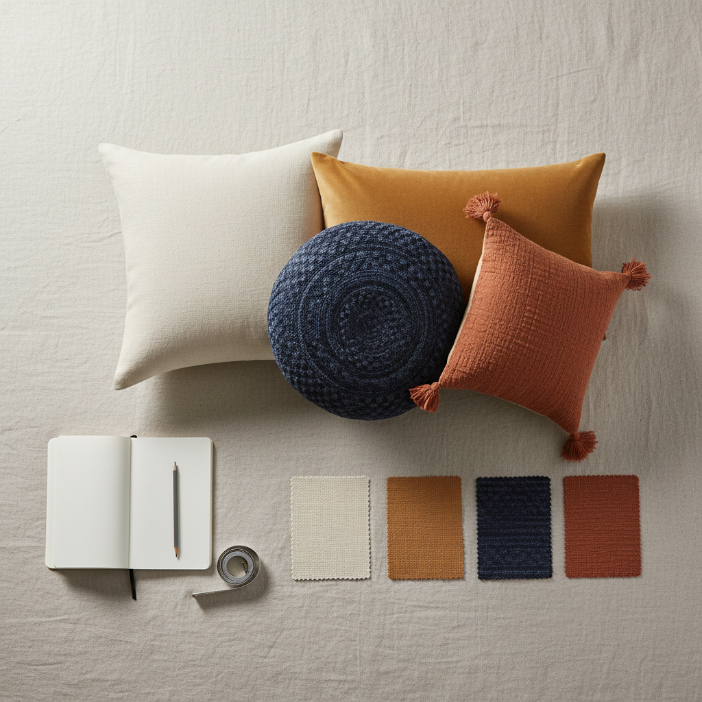 Coordinated decorative throw pillows set showing color palette swatches and texture mix