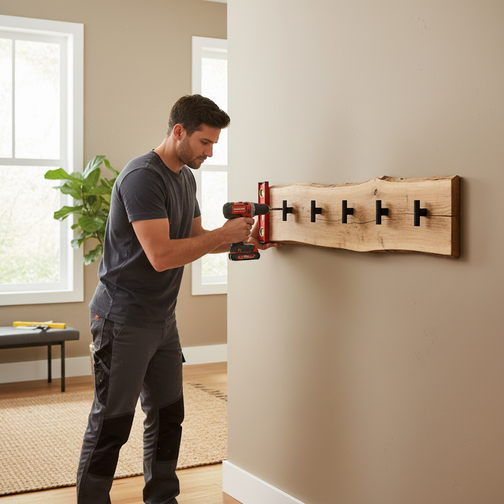 DIY entryway rustic wall hook rail being installed with a level and drill