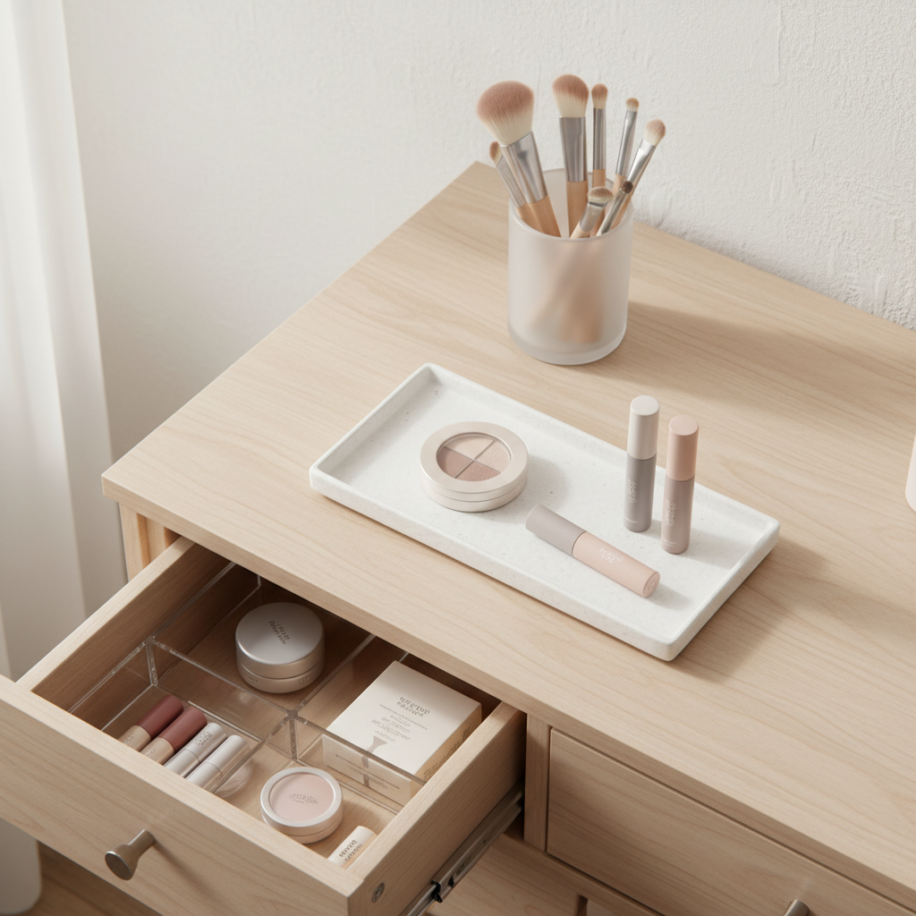 Organized vanity drawer and tabletop setup for makeup in a small space
