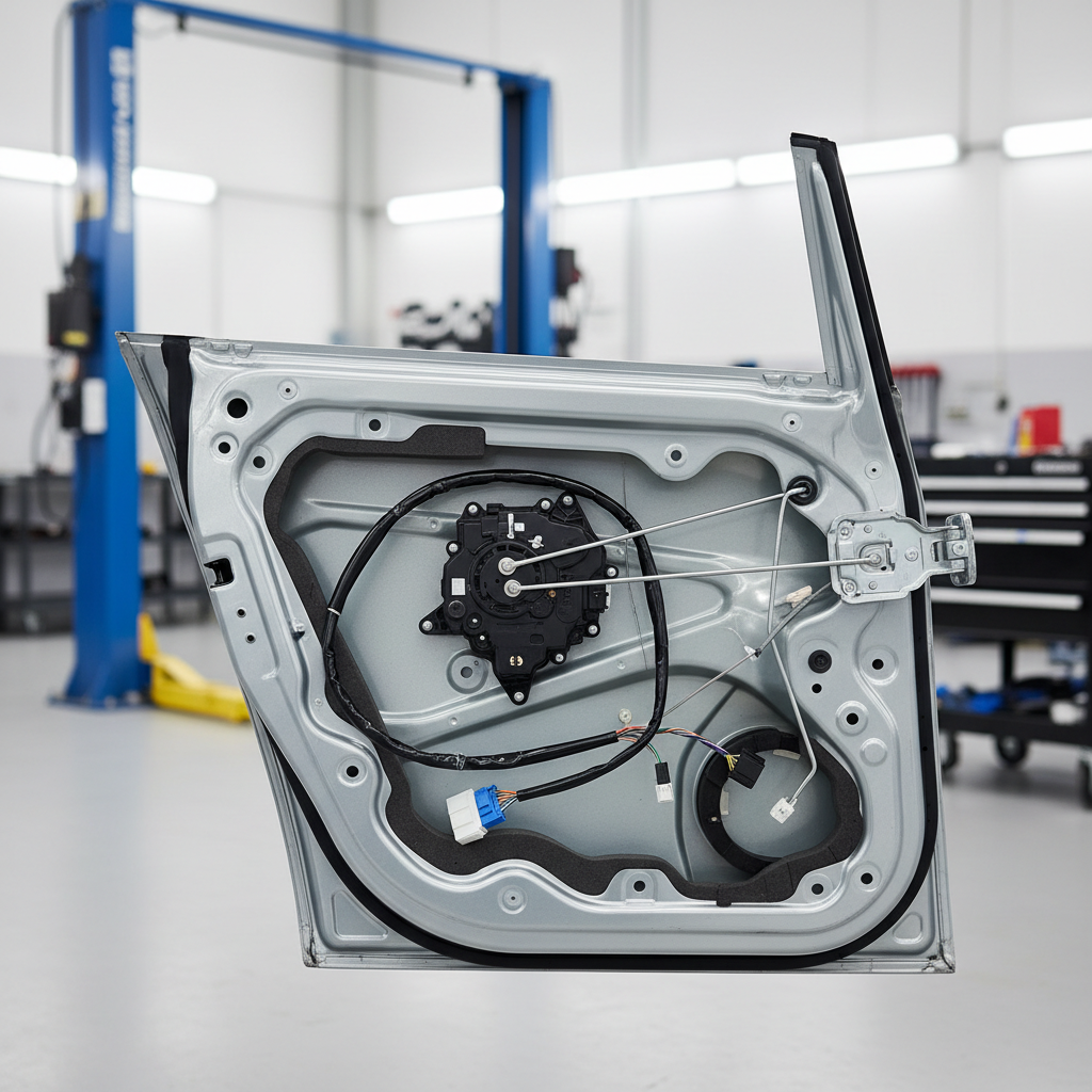 Car door panel removed showing lock actuator and linkage rods