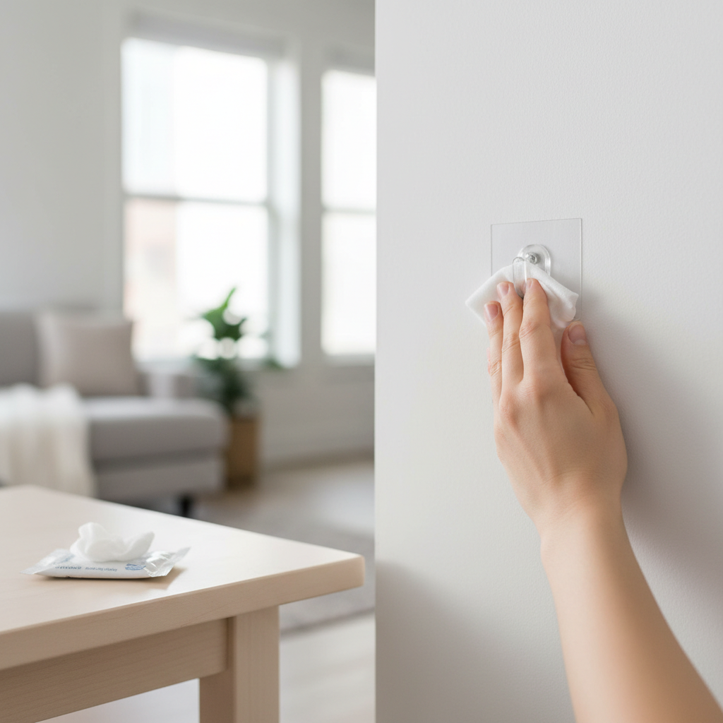 Hands installing an adhesive hook for a hanging plant on painted drywall