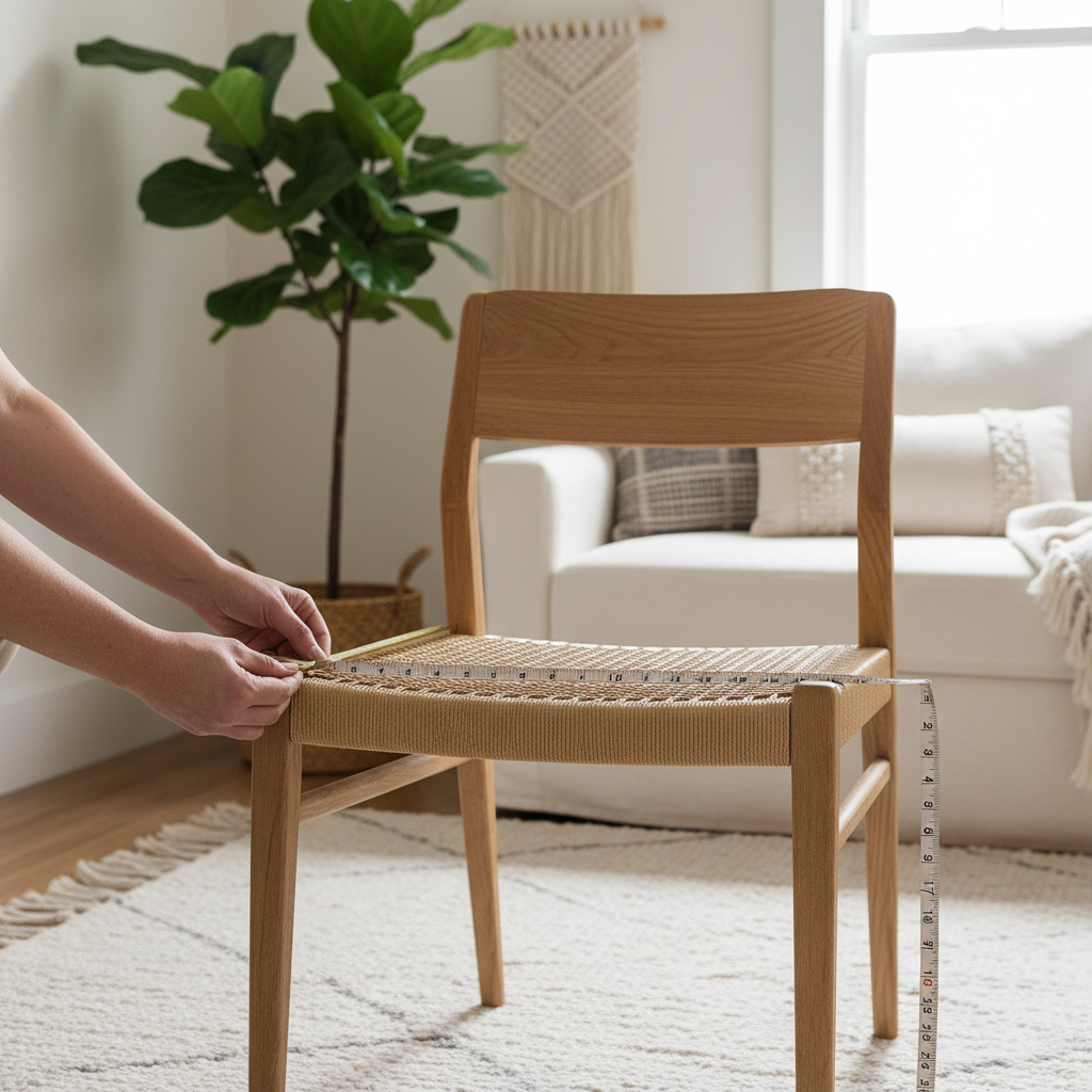 Hands measuring dining chair seat for choosing the right boho cushion size