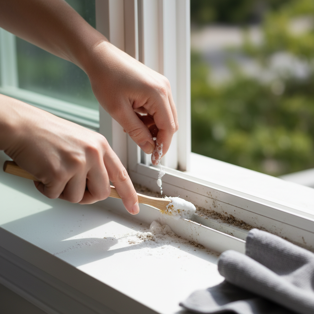 Detail scrubbing window track corners with a toothbrush and baking soda paste