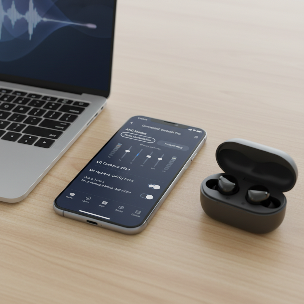 Wireless earbuds app settings showing EQ, ANC modes, and microphone options for work calls
