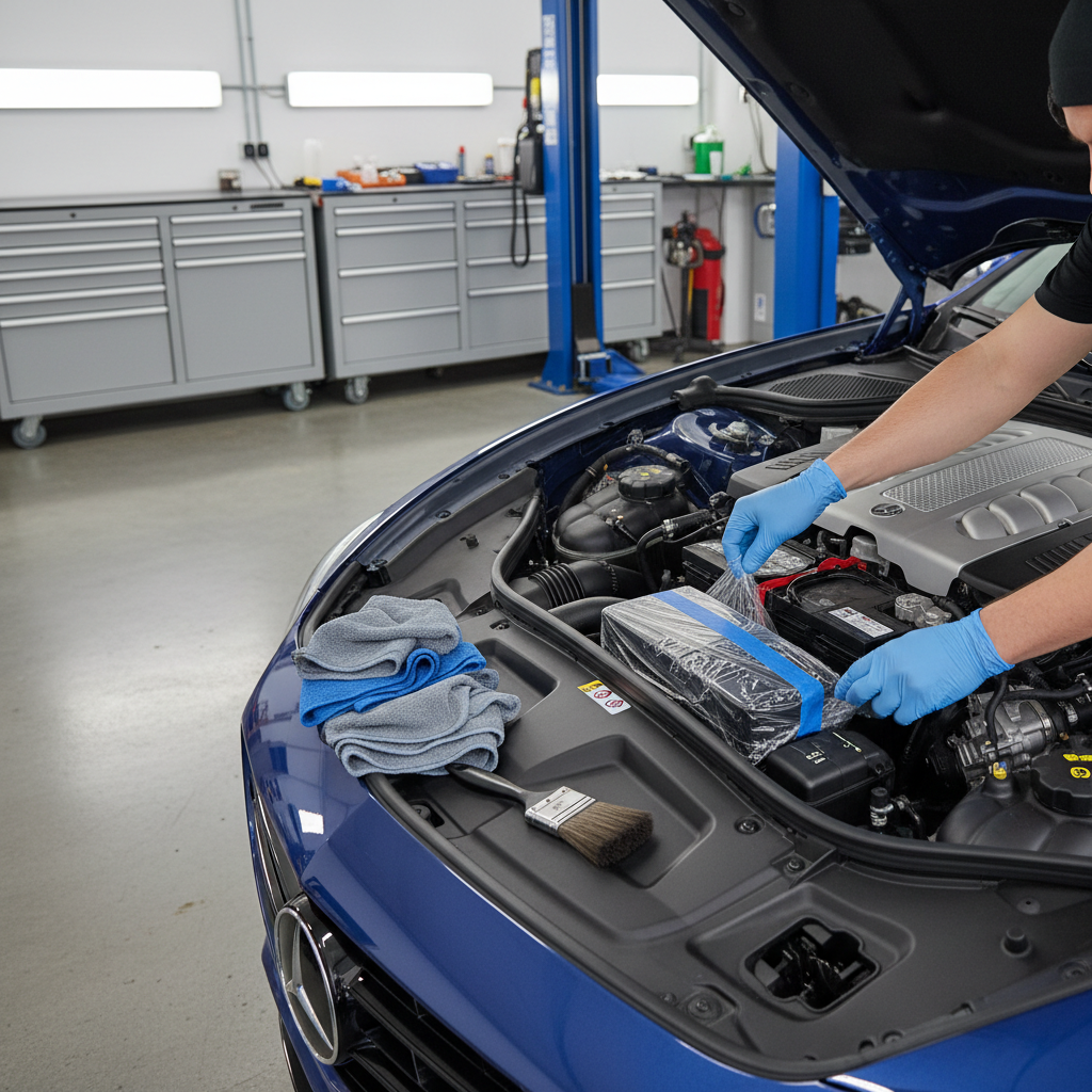 Covering battery terminals and electrical connectors before waterless engine bay cleaning
