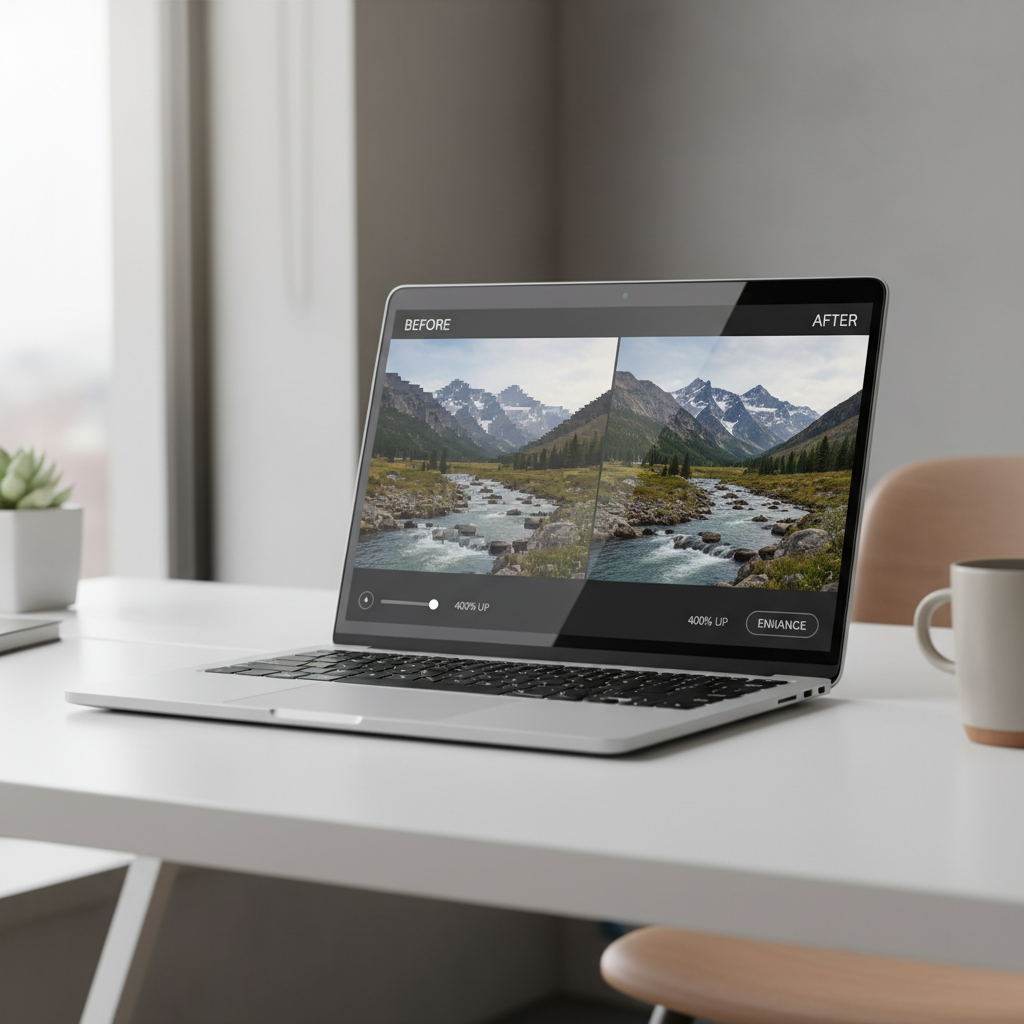 Before-and-after AI image upscaling comparison on a laptop screen