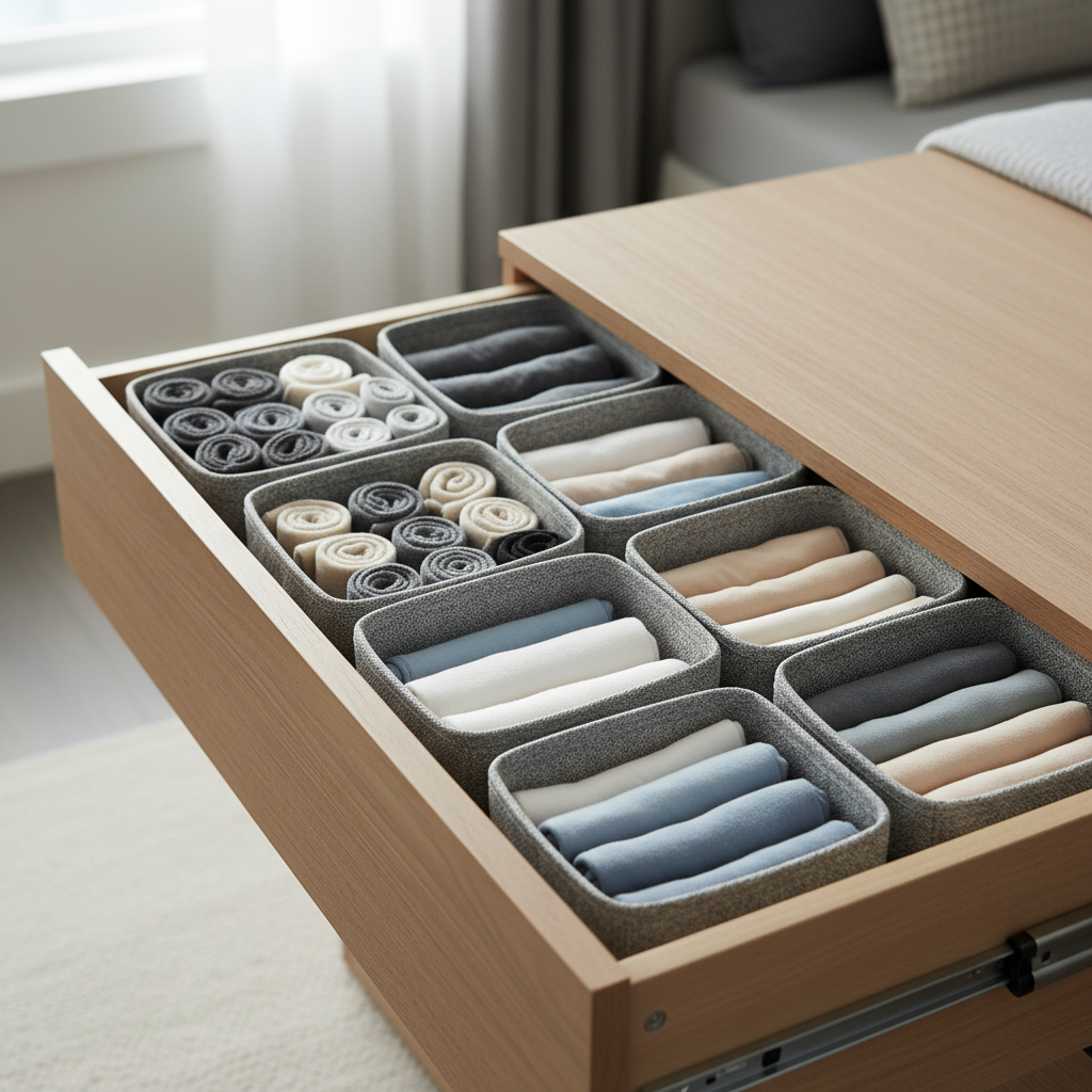 Modular drawer organizers for socks and underwear in a modern dresser
