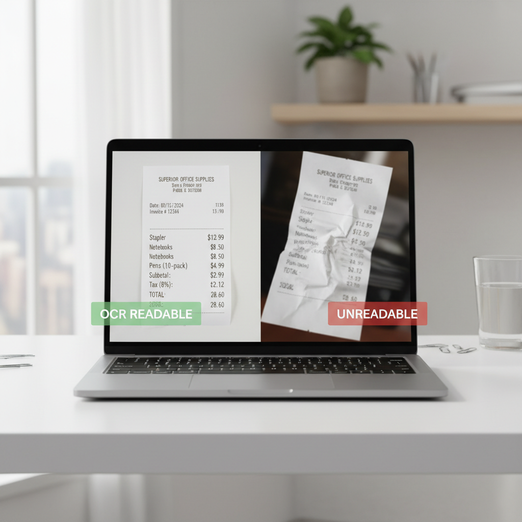 Side-by-side comparison of receipt scans showing clear vs blurry text for OCR