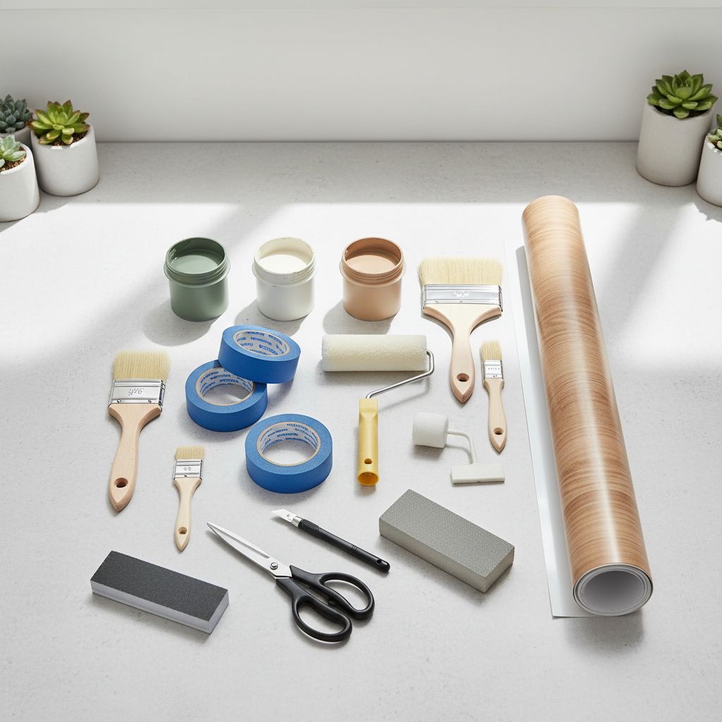 Beginner DIY home decor supplies laid out neatly: tape, brushes, paint, contact paper