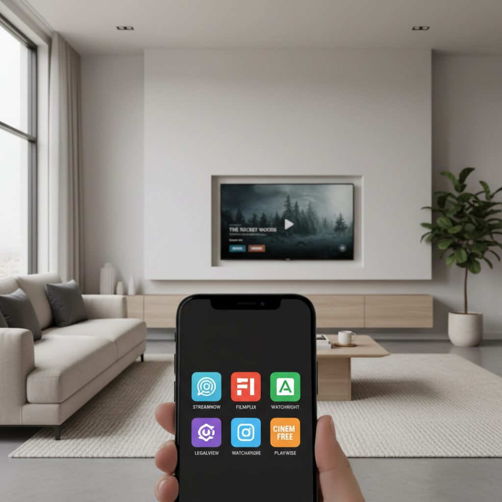 Smartphone showing legal free movie streaming apps with a TV in the background