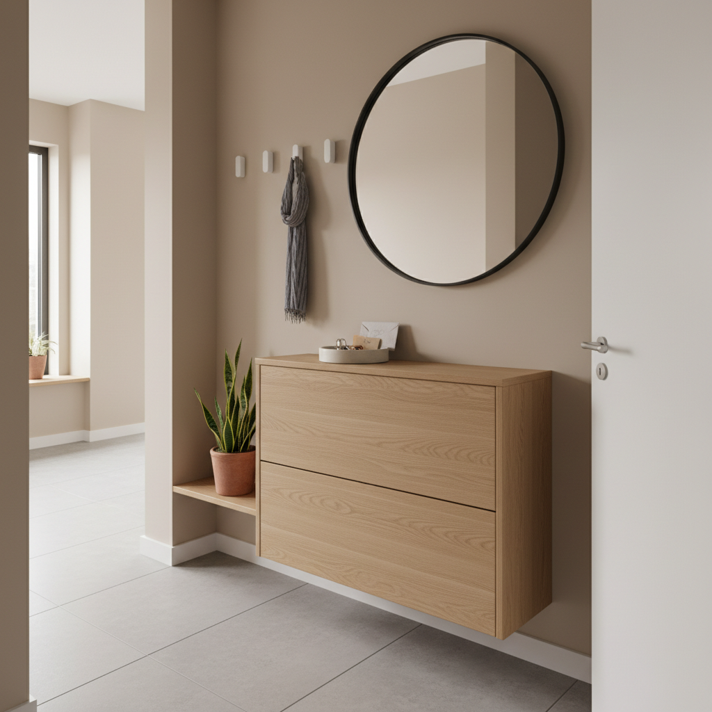 Organized narrow entryway with slim shoe cabinet and small key tray on top