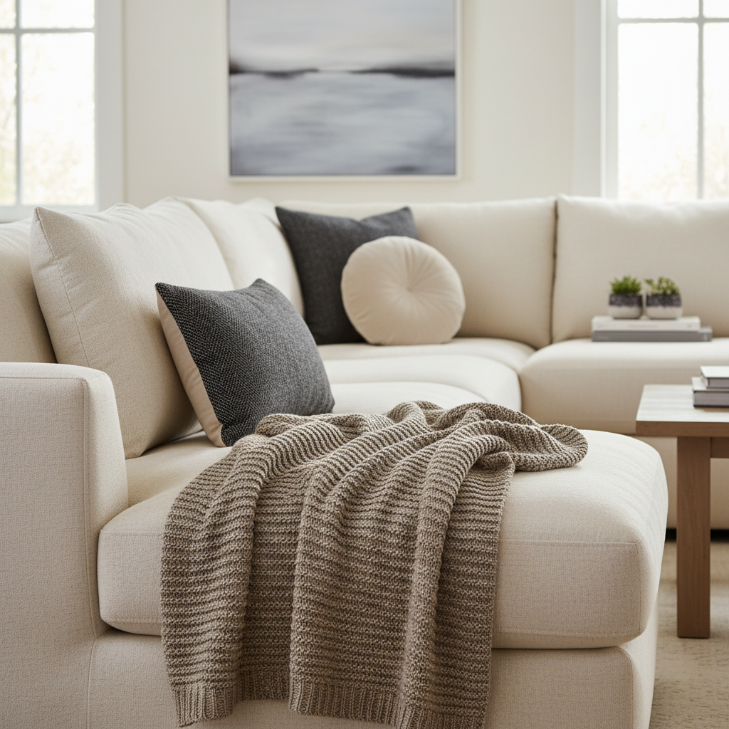 Soft decorative throw blanket styled on a modern sofa in a cozy living room