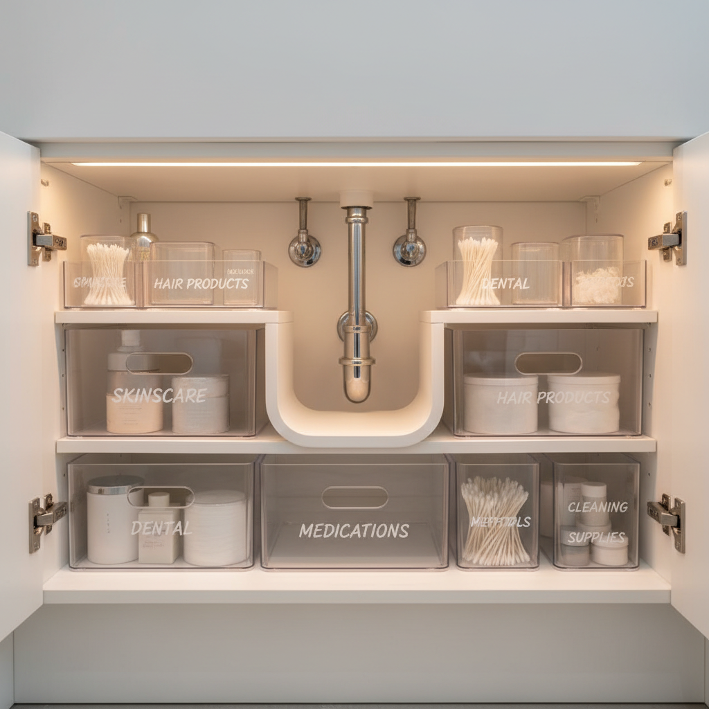 Organized under sink bathroom cabinet with clear bins and a U-shaped shelf around pipes